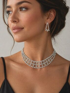 New Never Worn Vintage Ivana Rhinestone Choker Necklace & Matching Earrings